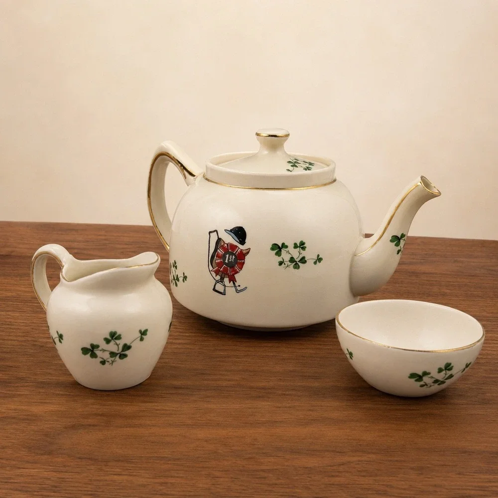 Vintage Carrigaline Ireland Fox Hunt Tea Set Teapot Creamer Sugar Shamrocks Gold